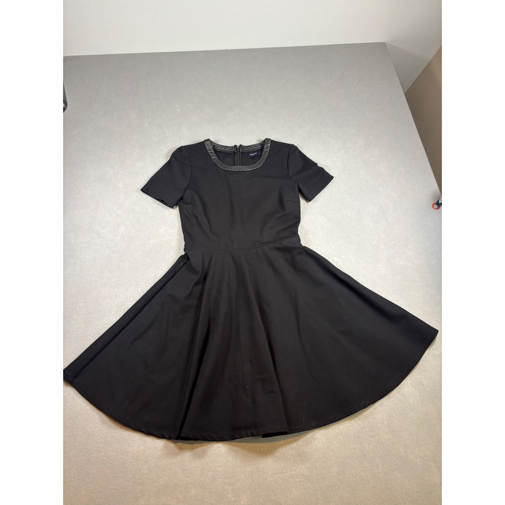 Madewell Black Fit and Flare Dress Leather Trim Scoop Neck Short Sleeve XS